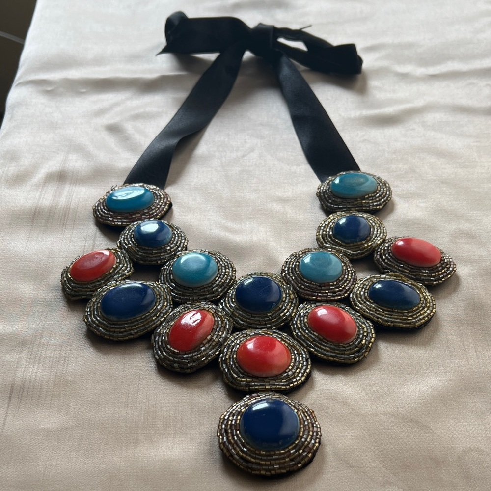 Multicolor Statement Beaded Bib Necklace with Ribbon Tie - Red, Blue & Turquoise